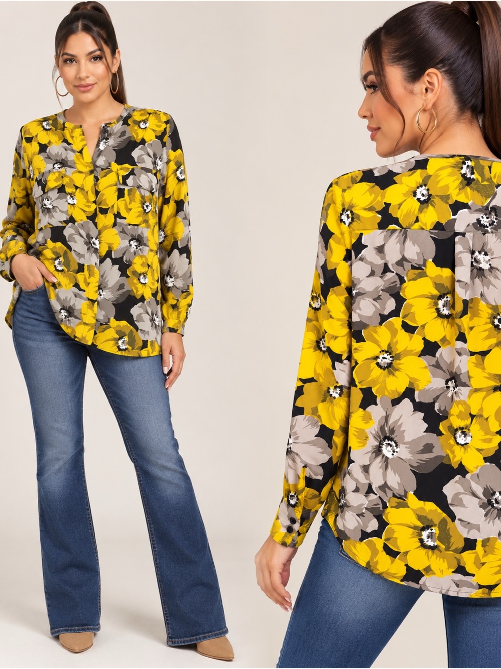 Who What Wear Yellow Floral Button-Down Blouse